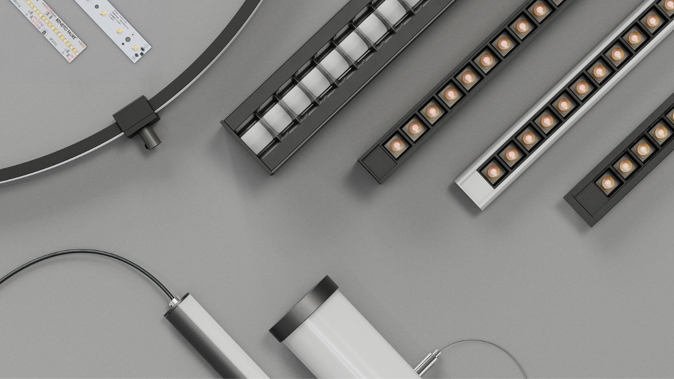 QAVUN luminaire components laid out in the studio