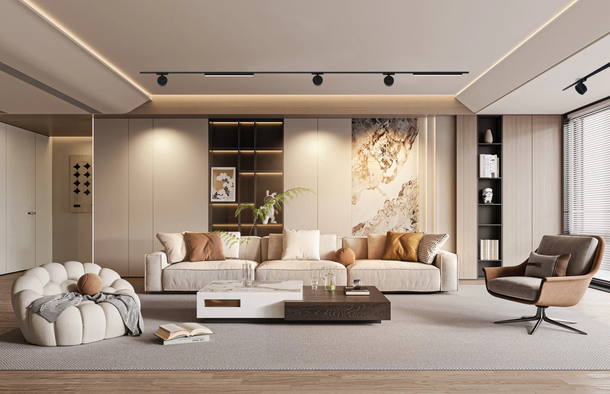 Trace 48V magnetic track system in a lounge setting